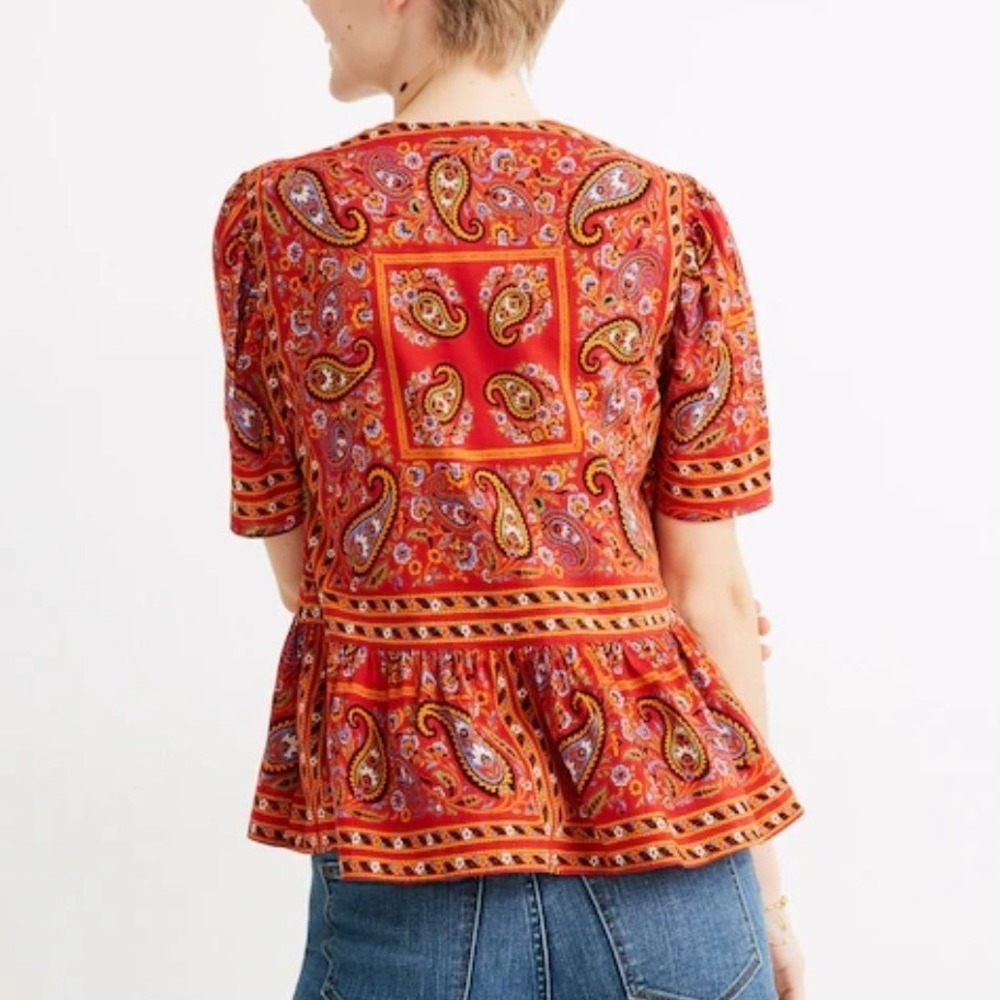 Madewell Paisley Print Peplum Top‎ Red Boho Festival Blouse Medium - Picture 3 of 7